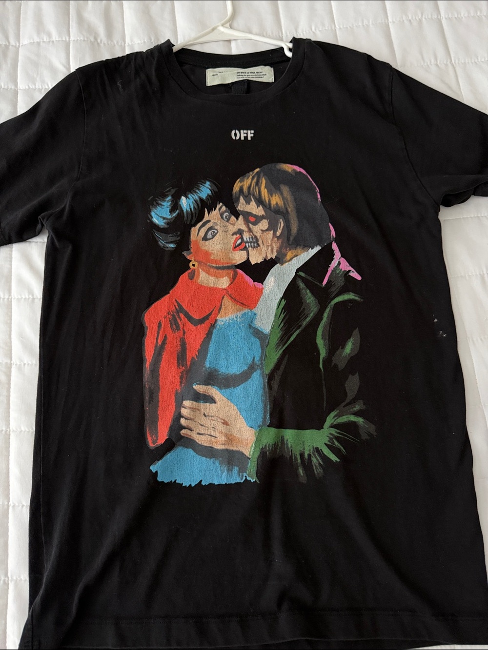 Off-White Black Graphic Couple Print with Red, Blue, Green Accents